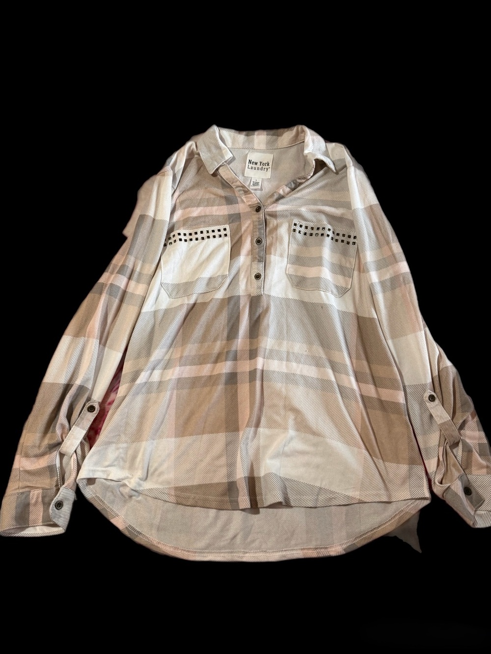 New York Laundry Beige and Cream Plaid Button-Front Shirt